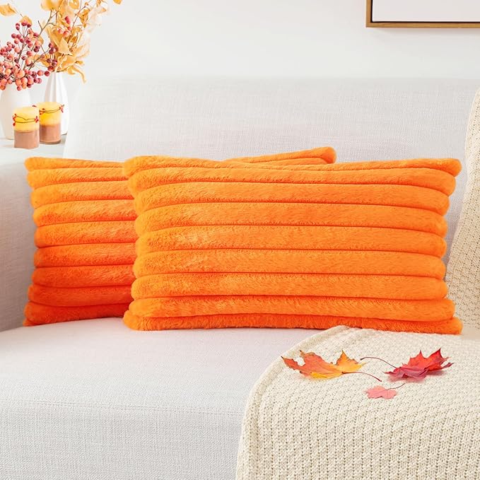 Pallene Faux Fur Plush Fall Throw Pillow Covers 12x20 Set of 2, Luxury Soft Fluffy Striped Decorative Pillow Covers for Sofa, Couch, Living Room, Burnt Orange