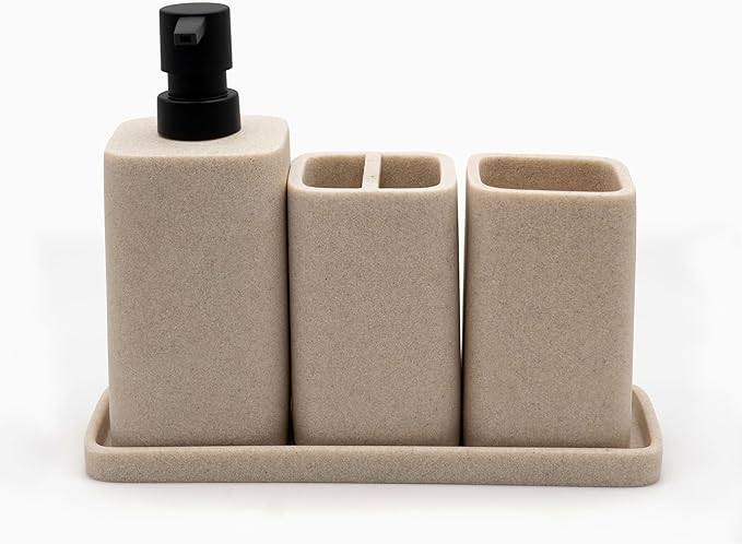 ZCCZ Black Bathroom Accessory Sets, 4 Pieces Bathroom Accessories Complete Set Vanity Countertop Accessory Set Marble Look, Includes Lotion Dispenser Soap Pump, Tumbler, Toothbrush Holder and Tray