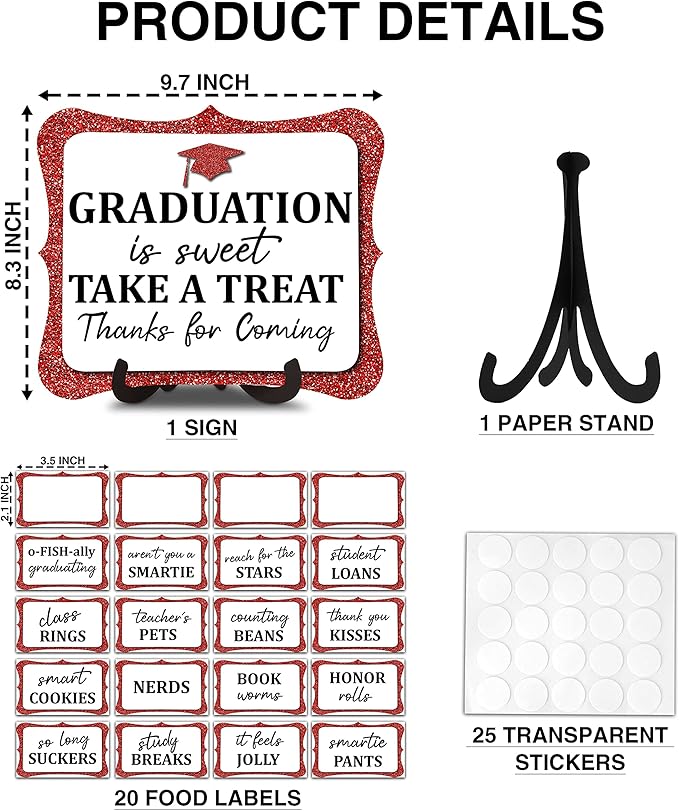 20PCS Graduation Candy Buffet Labels, 1 Red Glitter Candy Buffet Table Sign with Stand, Catering Supplies Display for Graduation Decorations Class of 2026 -A04-2