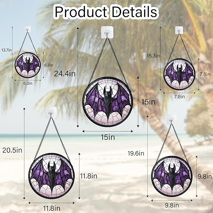 Stained Glass Window Hanging - Halloween Black Bat Purple Wings Monster Suncatcher for Doors Garden Home Spooky Sun Catchers Gothic Decor Horror Gift for Women Men Friend Boy Girl 15 in