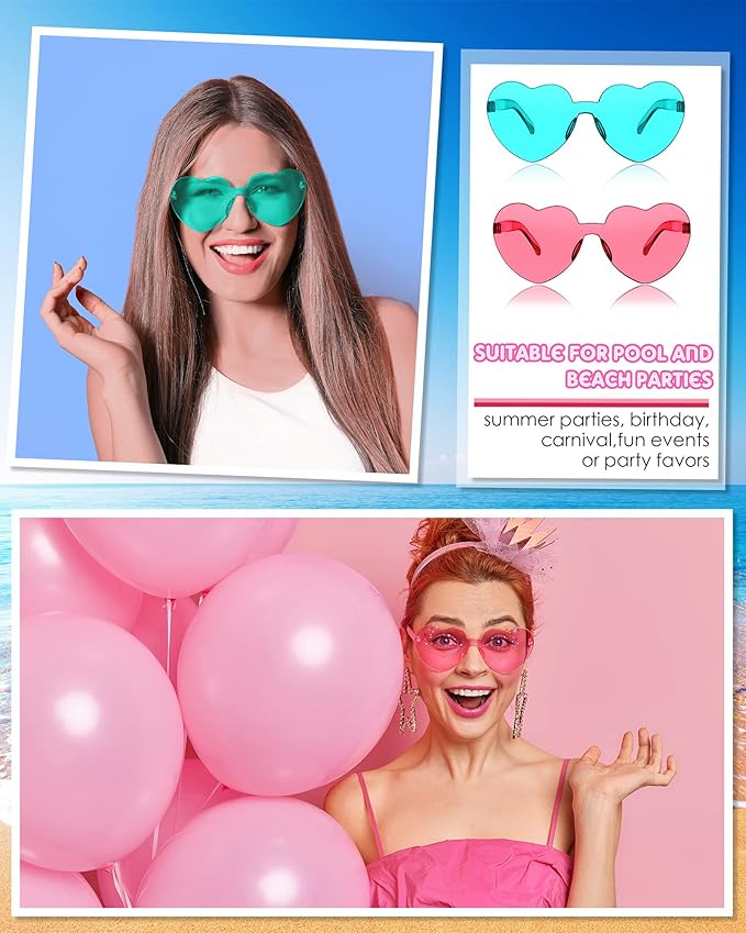 Frienda 8 Pairs Heart Shaped Sunglasses for Women Rimless Heart Glasses Candy Color Sunglasses for Party Favor