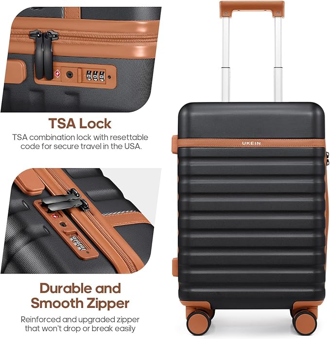 UKEIN Luggage Sets 5 Piece, Carry On Luggage 20In With Spinner Wheels, Hardside Suitcase Set with TSA Lock,Durable Large Suitcase With Travel Backpack for Men-20/24/28in (Black, 5 piece set)