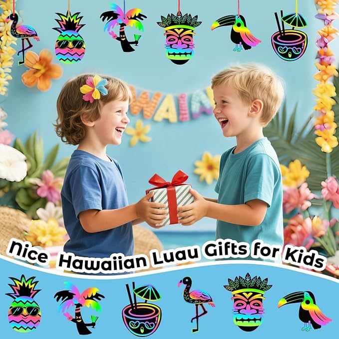 JULMELON 36 PCS Luau Crafts for Kids, Rainbow Scratch Art for Kids Luau Party Favors DIY Magic Color Tropical Hawaiian Scratch Cards for Summer Hawaiian Party Favors School Activities Luau Games