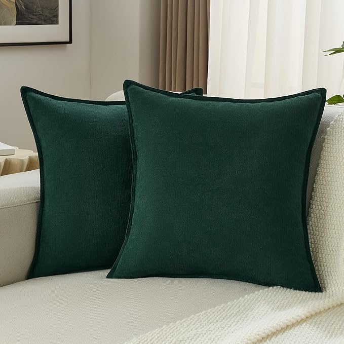 FUTEI Christmas Dark Green Chenille Throw Pillow Covers 22x22 Inch Set of 2,Edges Double-Stitched Cushion Cases,Modern Home Decor for Couch Living Room