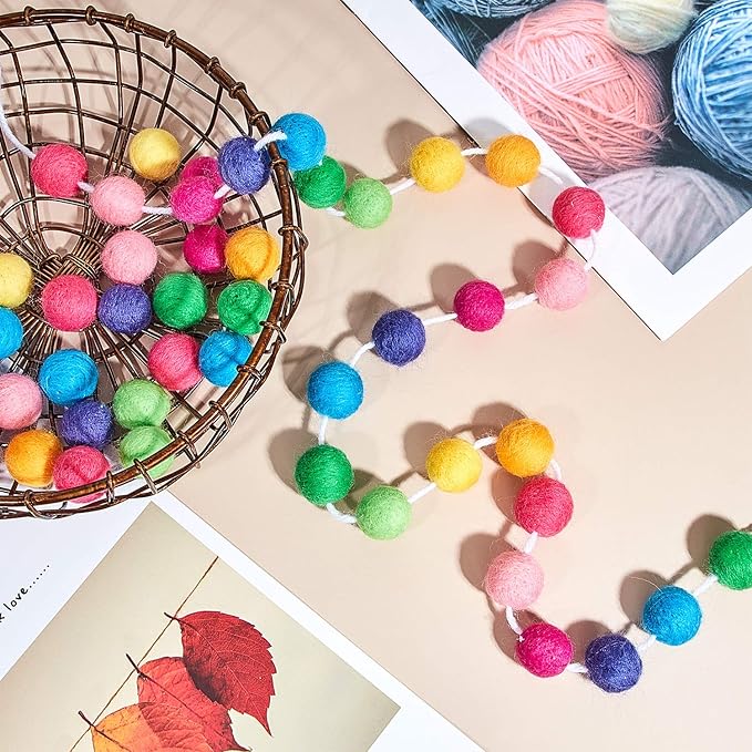 Boao 3 Pieces Wool Felt Ball Garland Colorful Pom Pom Garland Handmade 6.5 Feet Long 24 Balls Felt Banner for Wall Christmas Tree Decoration (Rainbow)