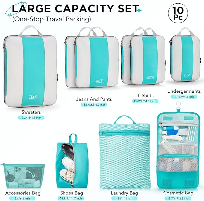 10 Set Compression Packing Cubes for Travel Essentials,Compressible Expandable Packing Cubes for Suitcase,OlarHike Luggage Organizer Bags for Travel,Handy Helper for Organizing Clothes(Blue Green)