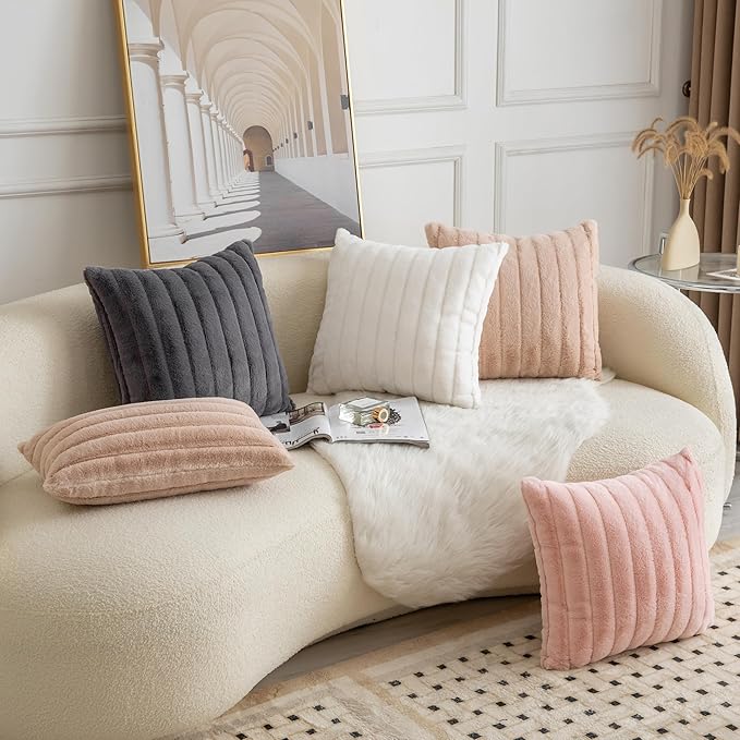 Pack of 2 Faux Fur Throw Pillow Covers 12x20 Inch Striped Decorative Soft Plush Couch Pillow Case Home Decor for Bed, Sofa, Living Room Darkgrey