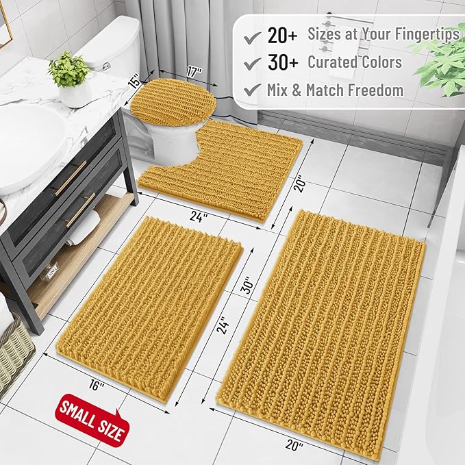 Arotive Luxury Chenille Bathroom Rug Mat, Extra Soft Thick Absorbent Shaggy Bath Rugs, Non-Slip Machine Wash Dry, Plush Bath Mats for Bathroom, Shower and Tub, 24x16, Golden Yellow
