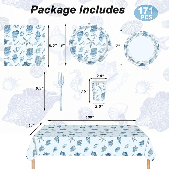 Ocean Seashell Party Plates Supplies, Coastal Beach Party Tableware Decorations Starfish Coral Disposable Paper Plates Tablecloth Cups Napkins Forks for Kids Summer Birthday Baby Shower, Serves 24