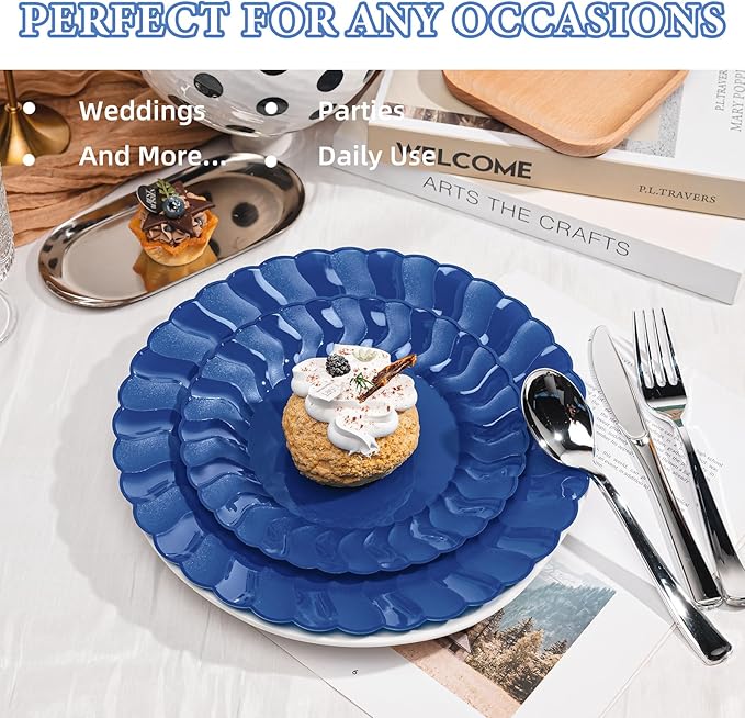 Lullaby 60PCS Navy Blue Scalloped Plastic Plates, Disposable Elegant Party Plates Include 30pcs Dinner Plate 10.25", 30pcs Plastic Dessert Plate 7.5", Perfect for Wedding and Party