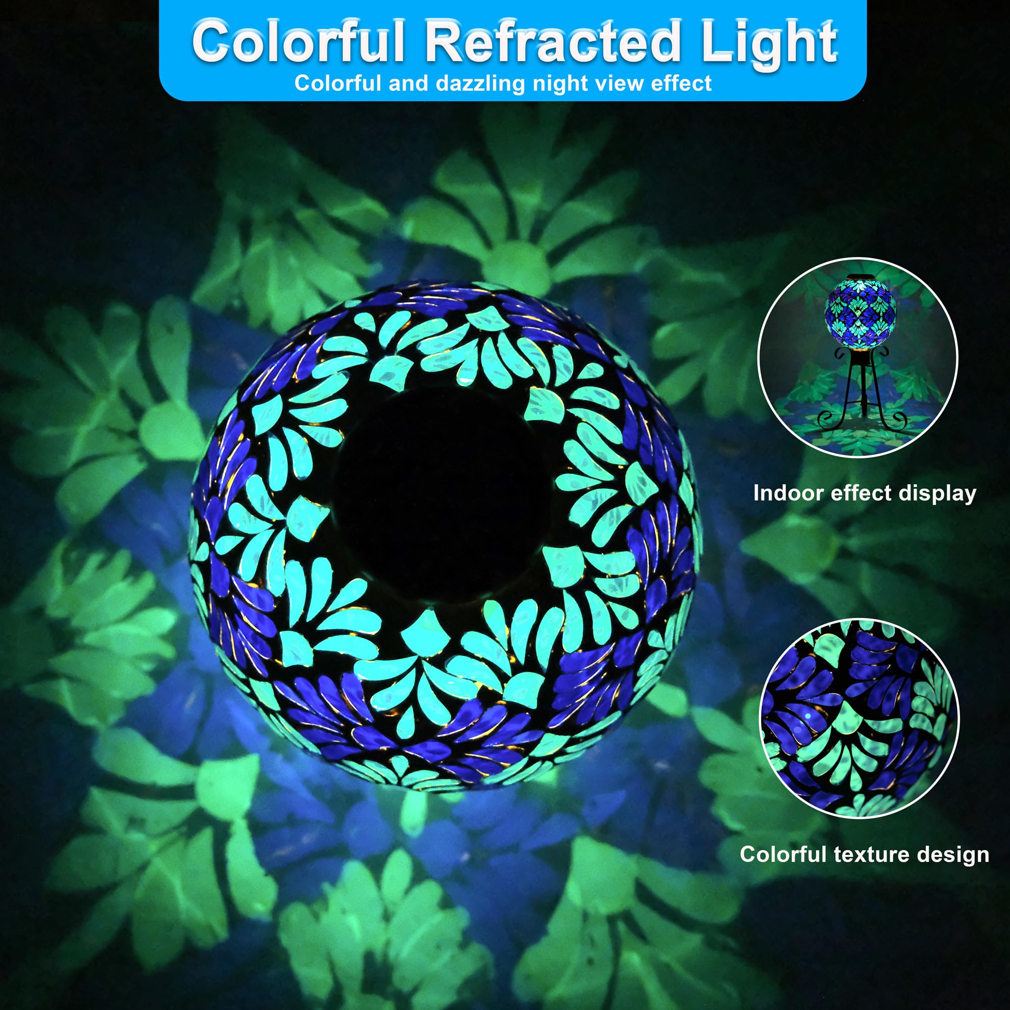 SAVENNA Mosaic Solar Gazing Ball 10 Inch, Glass Garden Globe with Auto On/Off for Yard, Lawn & Outdoor Decor, Blue Mosaic