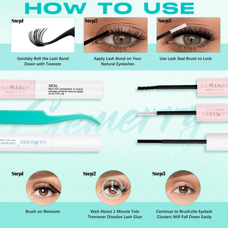 GEMERRY Lashes Clusters Kit Thick Lash Clusters 3 Styles 840Pcs Fluffy Lash Clusters Kit with Waterproof Bond and Seal Remover Tweezers for Beginners（30P+40P+50P）