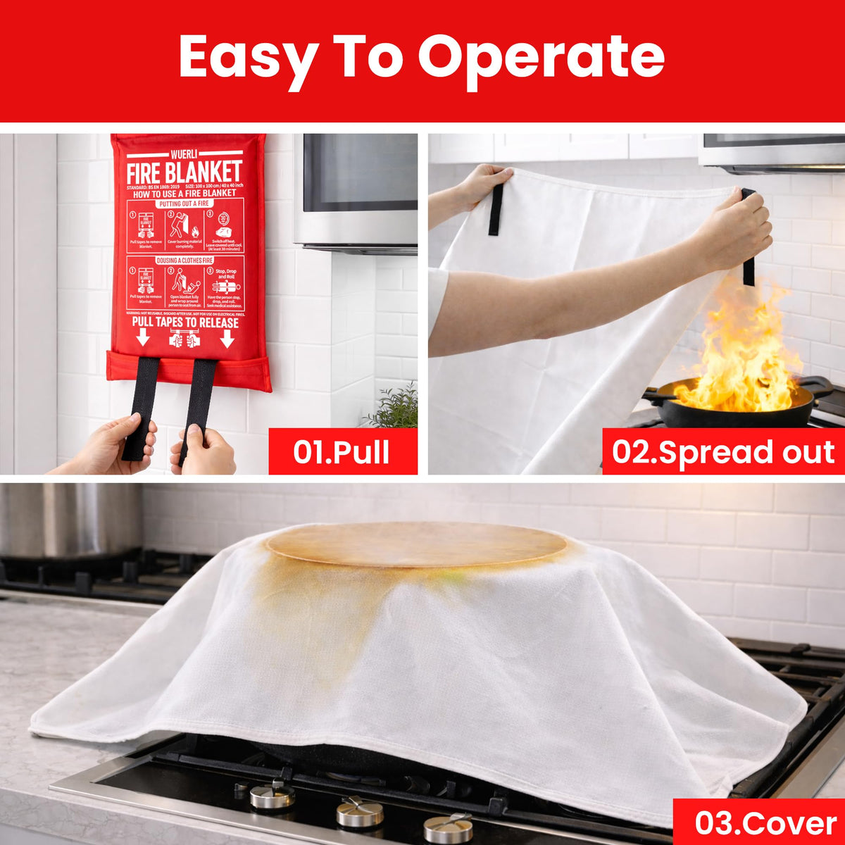 WUERLI Fire Blanket for Home and Kitchen,40" x 40",4 Pack,Emergency Fire Blanket