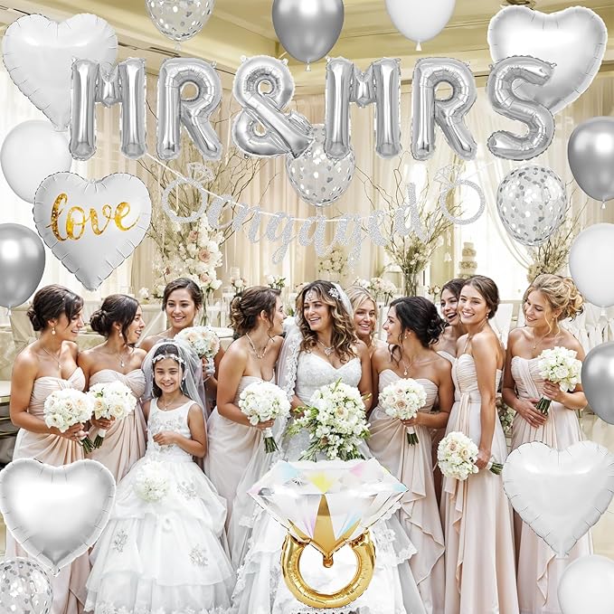 Silver Engagement Party Decorations, MR and MRS Balloons Decor, Metallic Silver Confetti Balloons, Love Heart and Diamond Ring Foil Balloon with Engaged Banner for Wedding Engagement Party Decoration