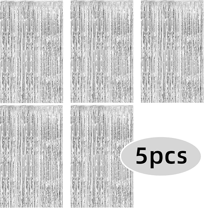 5 Pack Silver Foil Curtain Backdrop Metallic Tinsel Foil Fringe Curtains Photo Booth Props for Birthday Wedding Engagement Bachelorette Christmas Holiday Celebration Party Decorations Supplies