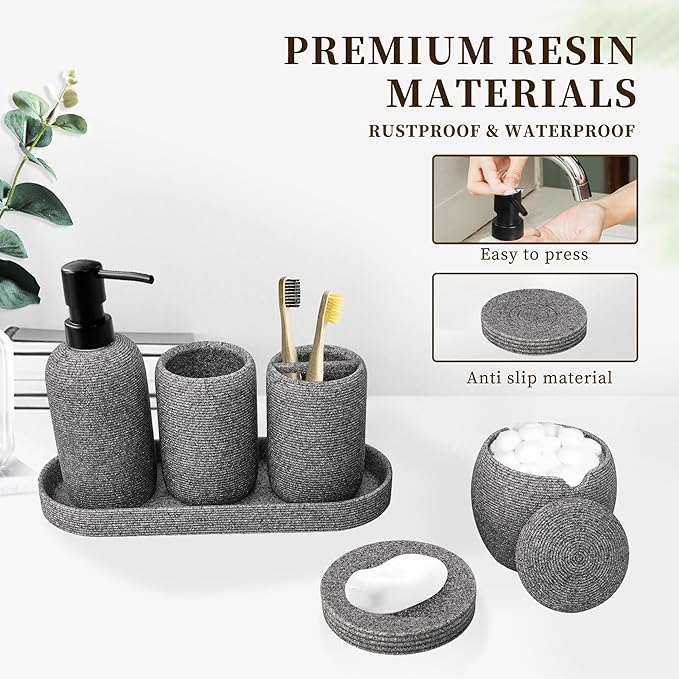 Bathroom Accessory Set - 6PCS Bathroom Accessories Set: Soap Dish, Lotion Dispenser, Toothbrush Holder, Toothbrush Cup, Vantiy Tray, Qtip Holder, Aesthetic Decor Bathroom Sets