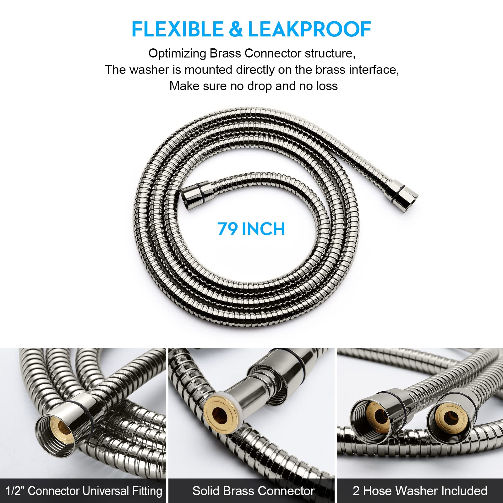 Blissland Shower Hose, 79 Inches Extra Long Stainless Steel Handheld Shower Head Hose with Brass Insert and Nut - Durable and Flexible(Brushed Nickel)