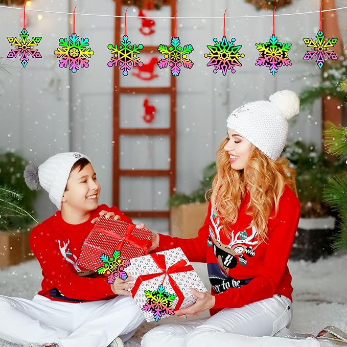 JULMELON 36Pcs Snowflake Scratch Art, Magic Rainbow Scratch Paper Art Winter Holiday Christmas Crafts for School Classroom Activity Christmas Winter Holiday Party Favors Gifts
