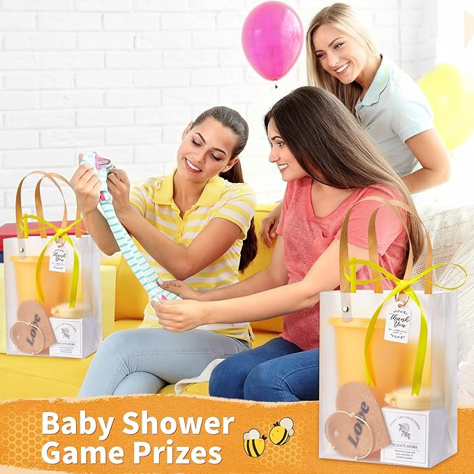 56Pcs Baby Shower Prizes for Game Winners Baby Shower Favors Gifts including Plastic Tumbler Notebook Scented Candles Ballpoint Pen Mirrors with Hair Brushes Bracelet Gift Bag (Yellow)