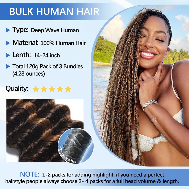 Human Braiding Hair for Boho Braids Human Hair 120g 16Inch Curly Boho Hair for Braiding Knotless 12A Deep Water Wave Bulk Hair Bohemian Braids No Weft 3 Bundles/Pack Chocolate Brown