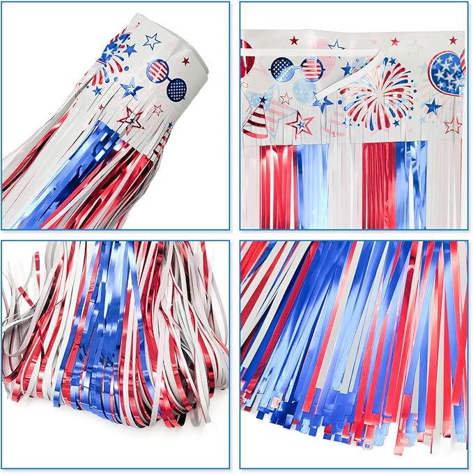 4th of July Decoration 4 Packs 10 Feet Long Foil Fringe Star Garland Memorial Day USA Red White Blue Independence Day Tinsel Metallic Streamers Patriotic Banner Car Parade Floats Garden Trailer