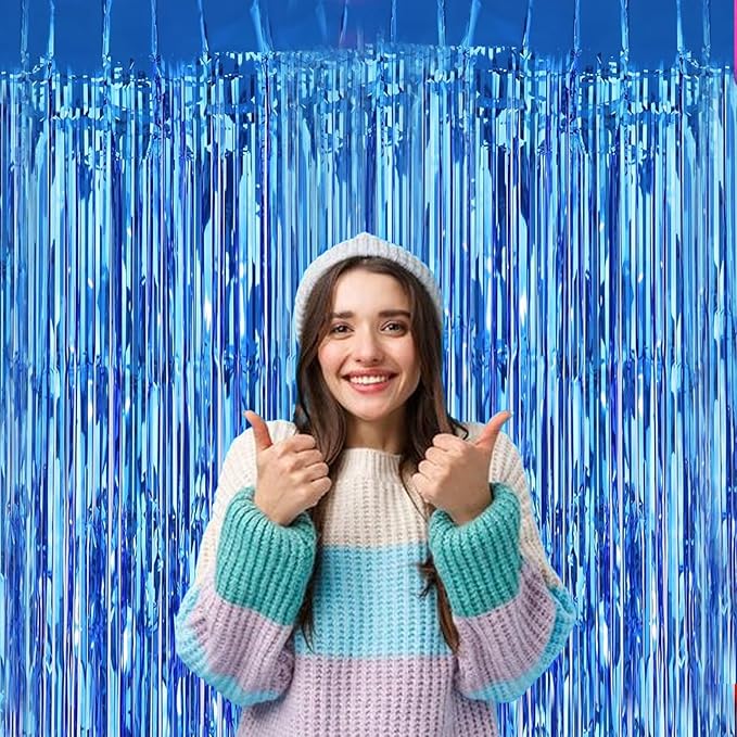 3Pack Blue Foil Fringe Curtain Backdrop - 3.3ft x 8.3ft Metallic Tinsel Photo Booth Decor for Bluey Birthday Decorations