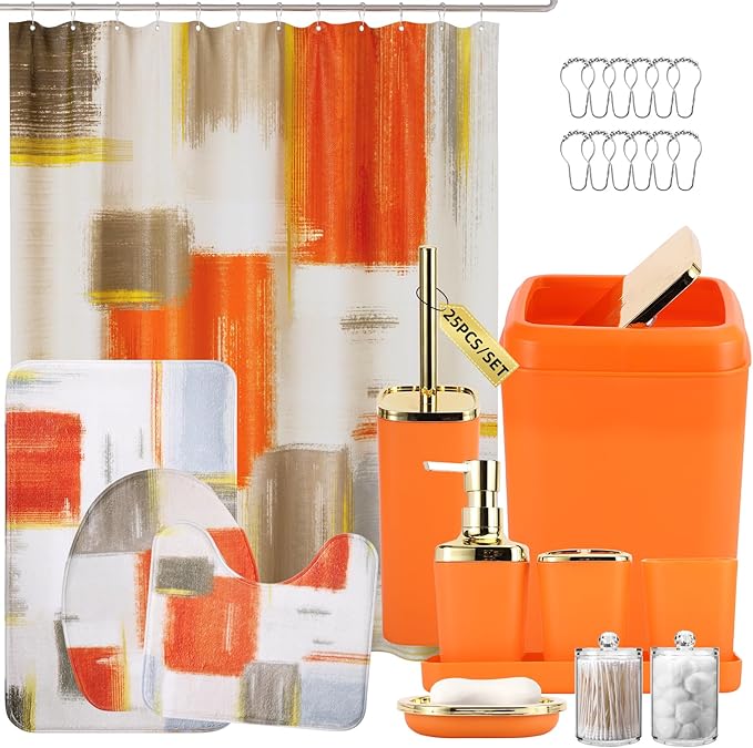 Bathroom Set - Orange Bathroom Accessories Set, Bathroom Sets with Shower Curtain and Rugs, Orange Shower Curtain Set with Bathroom Trash Can, Soap Dispenser, Soap Dish for Home Decor