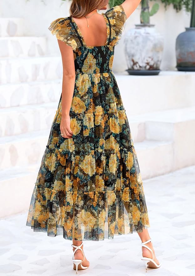 PRETTYGARDEN Women's Summer Tulle Midi Dress Sleeveless Smocked Ruffle Flowy Mesh Dresses Party Wedding Guest Sundress