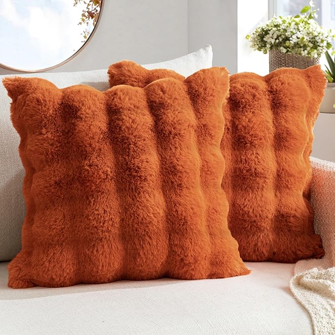MIULEE Faux Fur Pillow Covers Thick Soft Plush Throw Pillows Luxury Home Decor for Fall Couch Bed Bedroom Living Room Sofa,20x20 Inch Pack of 2 Rust