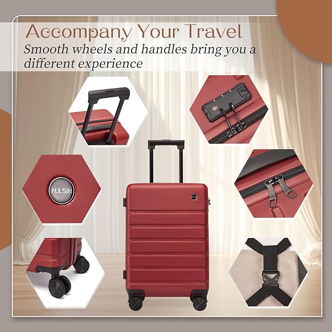 Hulsin Carry on Luggage Suitcase, 22x14x9 Airline Approved 20 Inch Hardside Carry-on Luggage with Spinner Wheels, Hard Shell Luggage with TSA Lock, Hard Case Small Travel Suitcase (Red, 20-Inch)