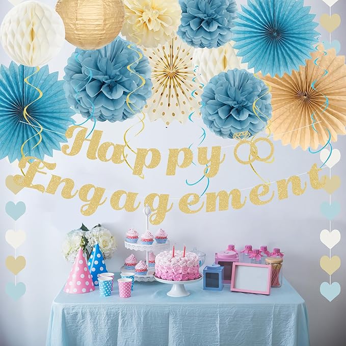 Holkcog Happy Engagement Party Decorations Kit, Glitter Engagement Party Banner for Congratulations, Blue Gold Engaged Wedding Shower Paper Fan, Paper Flower Ball, Heart Banner, Hanging Swirls, Supply