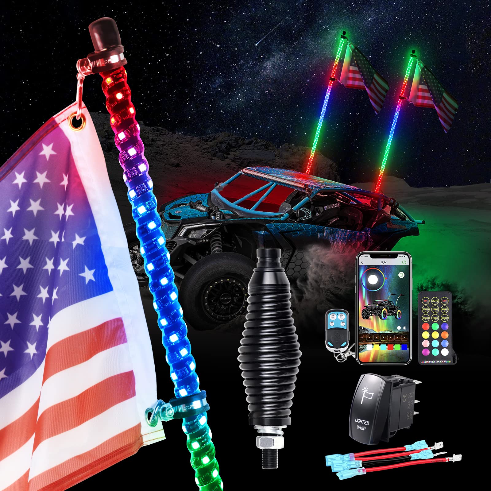 Whip Light, Uemicip 3FT Spiral RGB LED Whip Light for UTV, with Spring Base App & RF Wireless Remote Control, Chasing Lighted An
