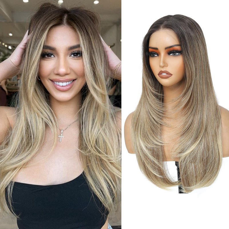 KPROYU Synthetic Lace Front Wig Pre Cut Lace Glueless Wig Wear And Go 13X4X1 Inch HD Lace Layered Wig Pre Plucked Glueless Synthetic Wigs For Women Auburn Brown Black Root（2/30） 26 Inch