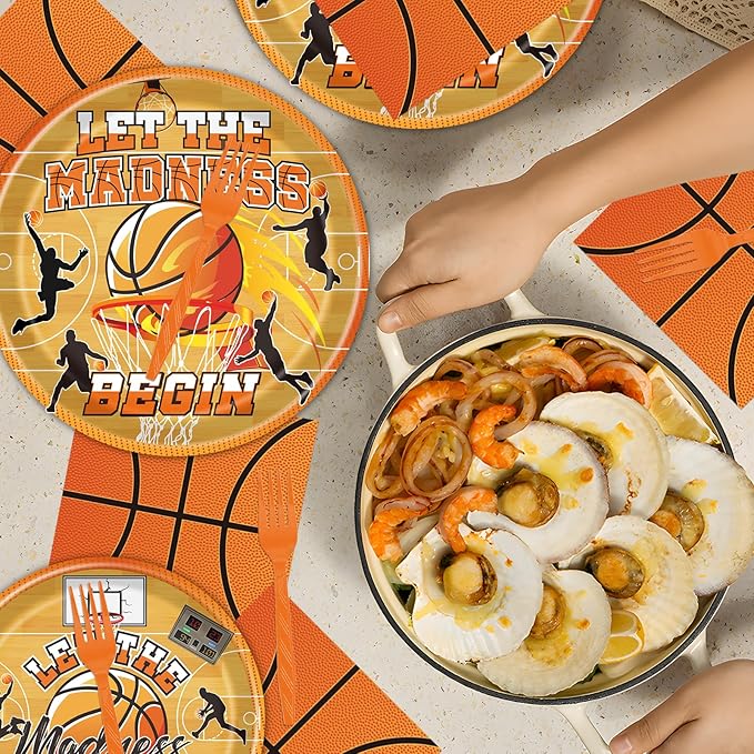Rakuto March Basketball Party Decorations Tableware, 96PCS Let the Madnes Begin Disposable Paper Plates Napkins Decoration, Ball Sports Theme Birthday Forks Decor for Kids Boys Supplies Serve 24