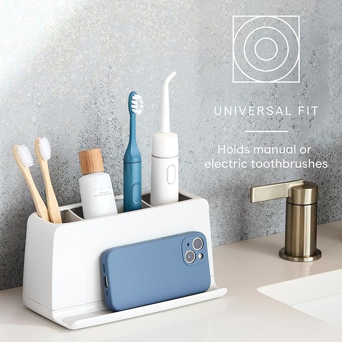 YouCopia The Ledge Toothbrush Holder, 3-Slot, Bathroom Vanity Counter Organizer with Cord Slots, Removable Base and Storage for Phones, Toothpaste and Accessories