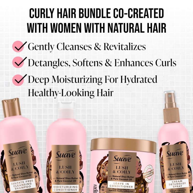 Suave Luscious Curly Hair Shampoo and Conditioner Set for Women With Natural Hair, with Leave-In Conditioner for Curly Hair and Detangling Spray, 4 Count