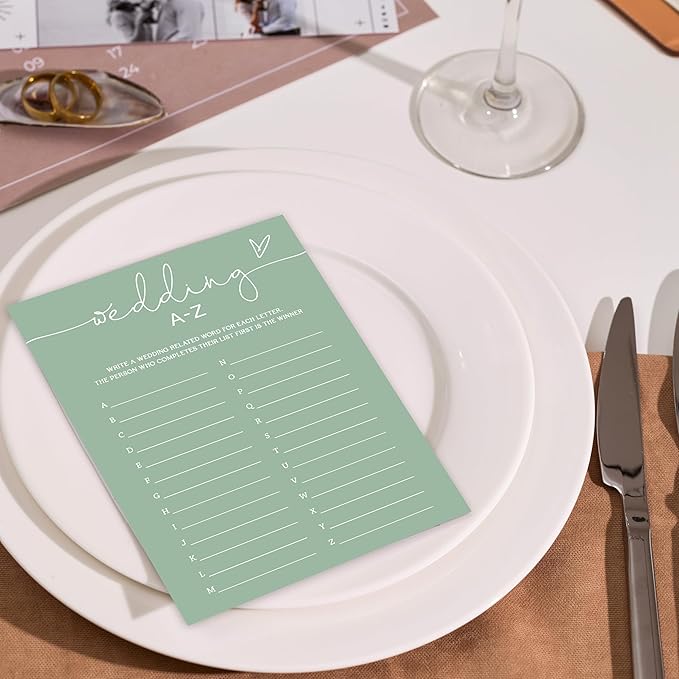 Wedding A-Z Alphabet Item Game, Sea Green Bridal Shower Games, 30 Elegant Game for Bachelorette Engagement Party Reception Supplies - A13