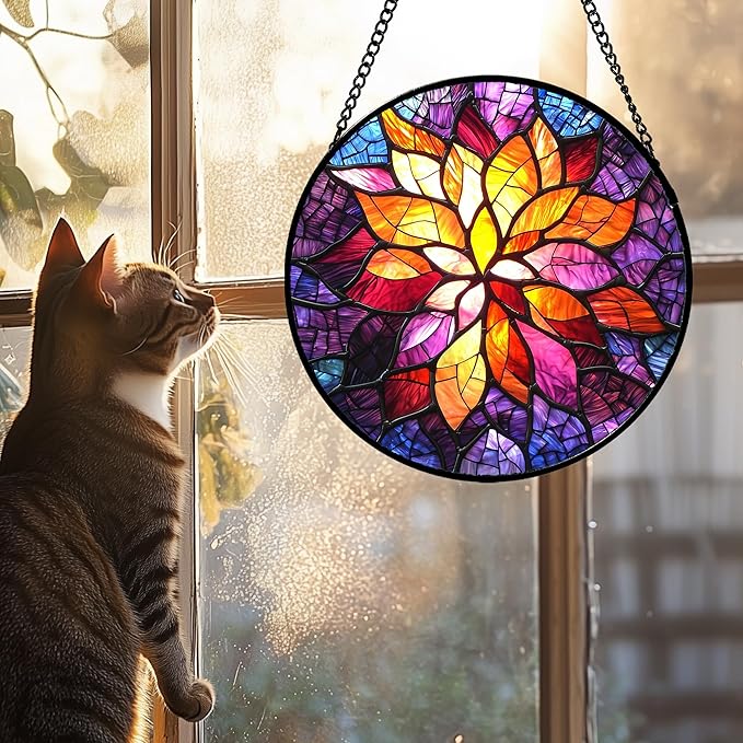 Stained Glass Window Hanging, Fuchsia Abstract Flowers Suncatcher for Window Home Decor Orange Sun Catcher Mother's Day Birthday Gifts for Women Men Mom Nana 15 in