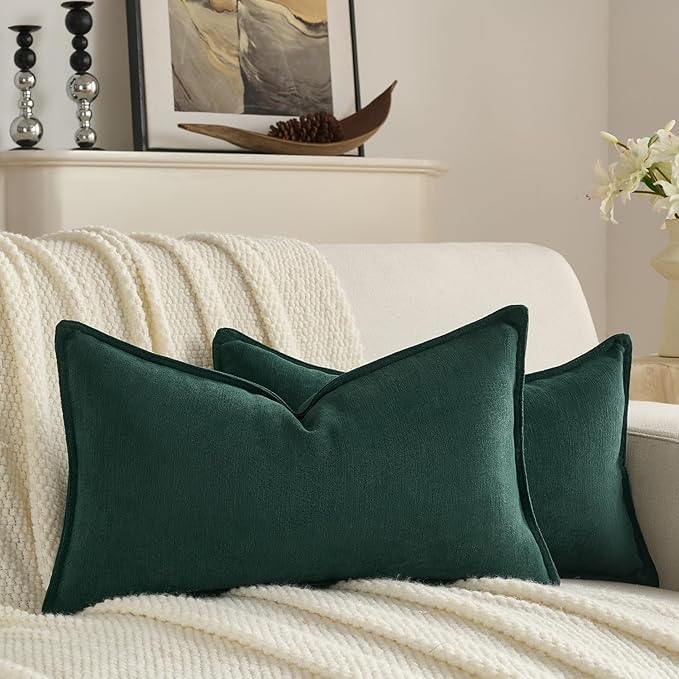 FUTEI Christmas Dark Green Chenille Throw Pillow Covers 12x20 Inch Set of 2,Edges Double-Stitched Lumbar Pillow Cases,Modern Home Decor for Couch Living Room