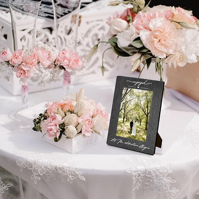 Engagement 4x6 Picture Frame, Wedding Photo Frames, Newly Engaged Gifts for Couples Bride Groom, Let the Adventure Begin Engagement Picture Photo Frames for Desk Decor
