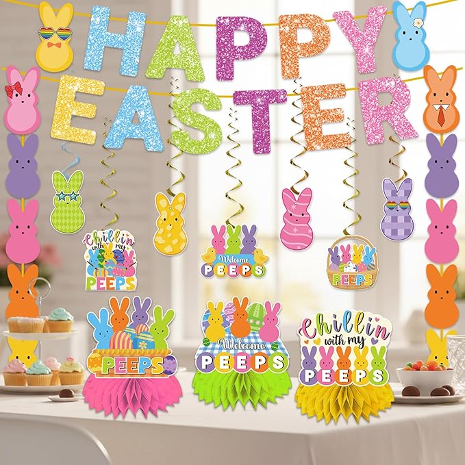 57pcs Easter Party Decorations Banner Set Include Happy Easter Banner Chillin with My Peeps Hanging Swirls Bunny Pattern Hanging Banner 3D Honeycomb Table Centerpieces for Party