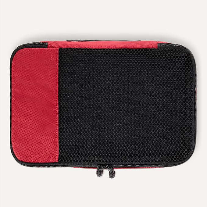 Amazon Essentials 4-Piece Space-Saving Packing Cubes Travel Accessories Set, Luggage Organizer with Double Zipper, Mesh Top, Small, Red (Previously Amazon Basics)