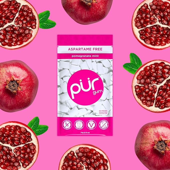 PUR Gum | Aspartame Free Chewing Gum | 100% Xylitol | Natural Pomegranate Mint Flavored Gum, 55 Pieces (Pack of 1)