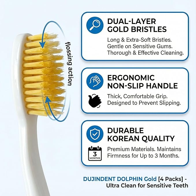 Dolphin Gold [4 Packs] Extra Soft Toothbrush Manual Long Flossing Bristle, Ultra Clean Toothbrush, Good for Sensitive Teeth and Gums (Multi, Gold 4 Packs)