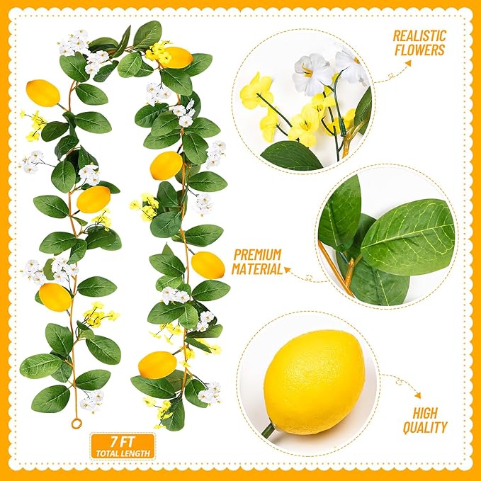 2 Pcs Artificial Lemon Flower Garland Vine, 14 Ft Fake Yellow Lemon Vines Silk Flowers Hanging Floral Garlands Decoration for Room Wall, Flower Themed Party, Wedding Supplies
