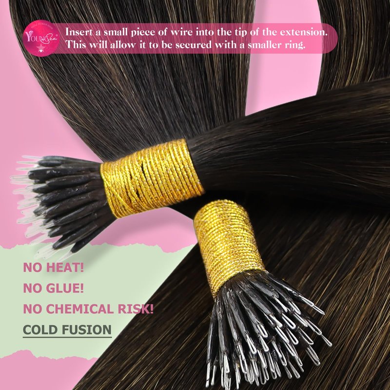 YoungSee Nano Tip Hair Extensions Real Human Hair Balayage Brown 22in Nano Ring Hair Extensions Human Hair Balayage Dark Brown Mix Medium Brown 50g 50 Strands Nano-Beads Extension for Natural Looking