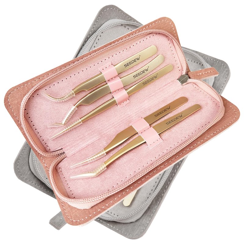 SEEDEW Tweezers Eyelash Extension 5 Pieces Stainless Steel Straight and Curved Professional Set Supplies with a Storage Bag for Lash Tech, Lash Artist Beginner Making Volume Classic Fans(Golden, Pink)