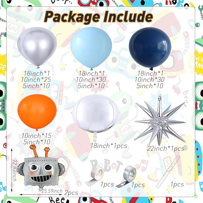 150Pcs Robot Balloon Arch Kit with Robot & Explosion Star Foil Balloons - Blue, Silver, Orange Balloons Arch Supplies for Robotics for Party, Sci-Fi Themed Birthday & Baby Shower (Blue Orange)