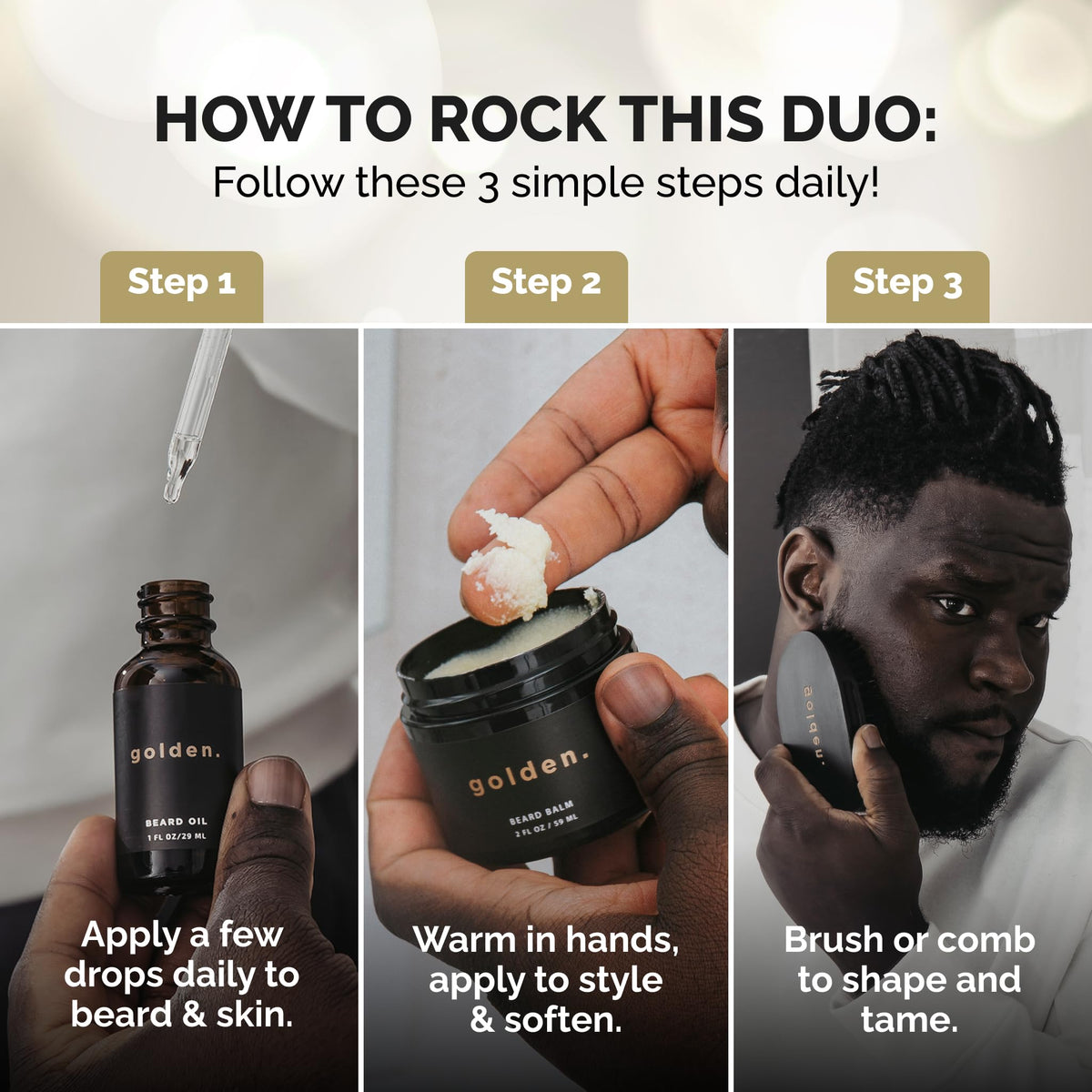 Golden Grooming Beard Bundle for Black Men - Natural Growth Kit with 2oz Balm & 1oz Oil - Shea Butter Conditioner - Fresh (Regular)