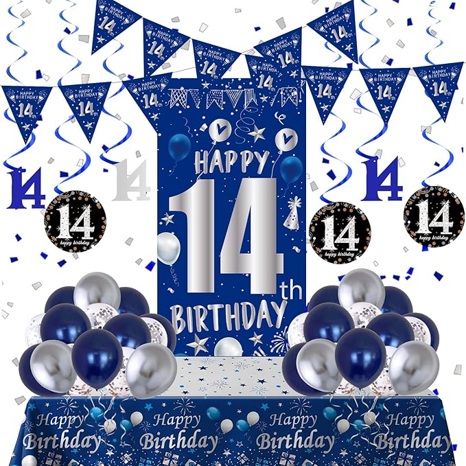 14th Birthday Decorations for Boys Girls, Blue Silver Happy 14th Birthday Party Decorations Supplies - Happy 14 Birthday Backdrop Banner Tablecloth Triangle Flag Balloons for 14 Year Old Bday Party